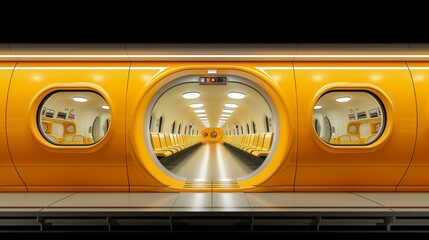 The interior of an orange subway train car with a reflection of the train in the window. The train car is empty and has multiple rows of seats.