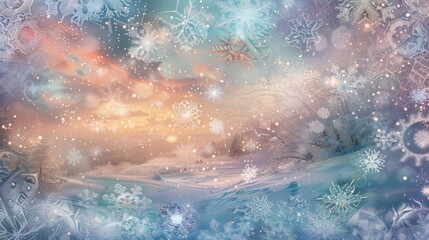 Fototapeta premium Surreal winter enchantment with sparkling snowflakes and pastel colors background