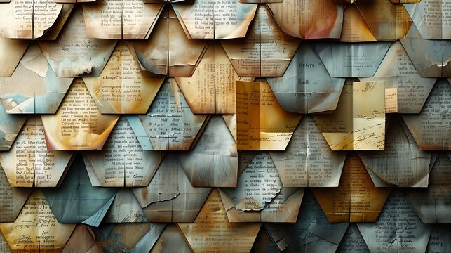 Hexagonal collage with book print, various text excerpts, sepia tones, hd quality, digital rendering, geometric precision, modern design, artistic composition, vintage feel --ar 16:9 --v 6.