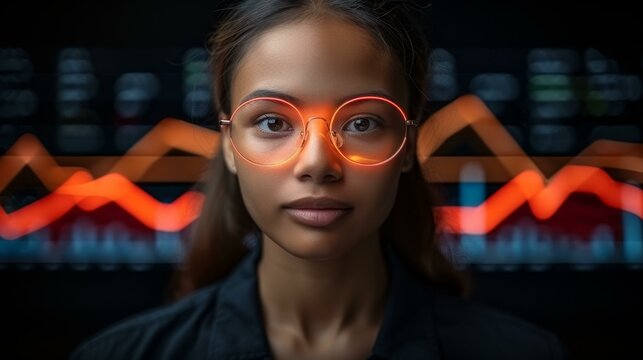 A woman with red glasses and a black shirt looking at the camera.
