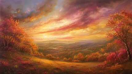 Celestial autumn sunset with warm hues and golden light background