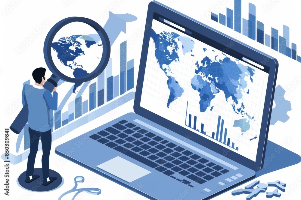 Aufkleber Business professional analyzing data charts and graphs with a magnifying glass in an office, emphasizing digital research and market insights for corporate success, Generative AI