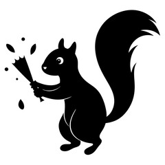 A squirrel with a brush from which multi-colored drops of paint fly away. 