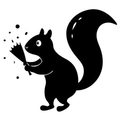 A squirrel with a brush from which multi-colored drops of paint fly away. 