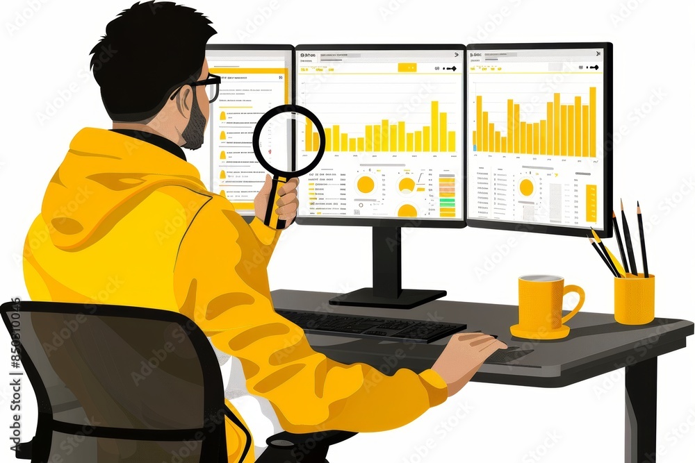 Poster business professional analyzing data charts and graphs with a magnifying glass in an office, emphasi