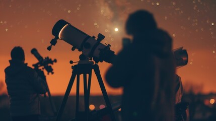 Fototapeta premium Indiscernible shapes setting up telescopes for a night of stargazing.