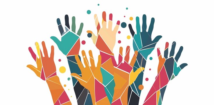 Colorful hands raised in the air with geometric shapes on a white background, illustration for World Humanity Day or celebrating diversity, equality and inclusion.