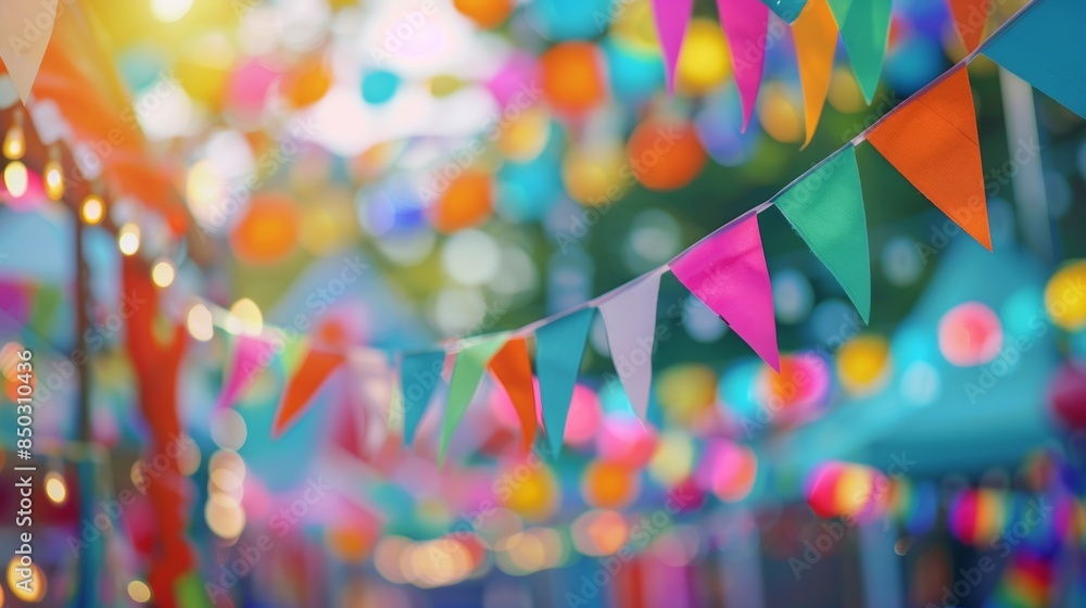 Aufkleber soft focus on fluttering flags and bunting adding to the festive ambiance of the fair.