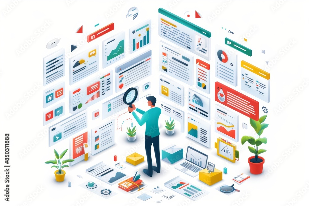 Poster business professional analyzing data charts and graphs with a magnifying glass, highlighting digital