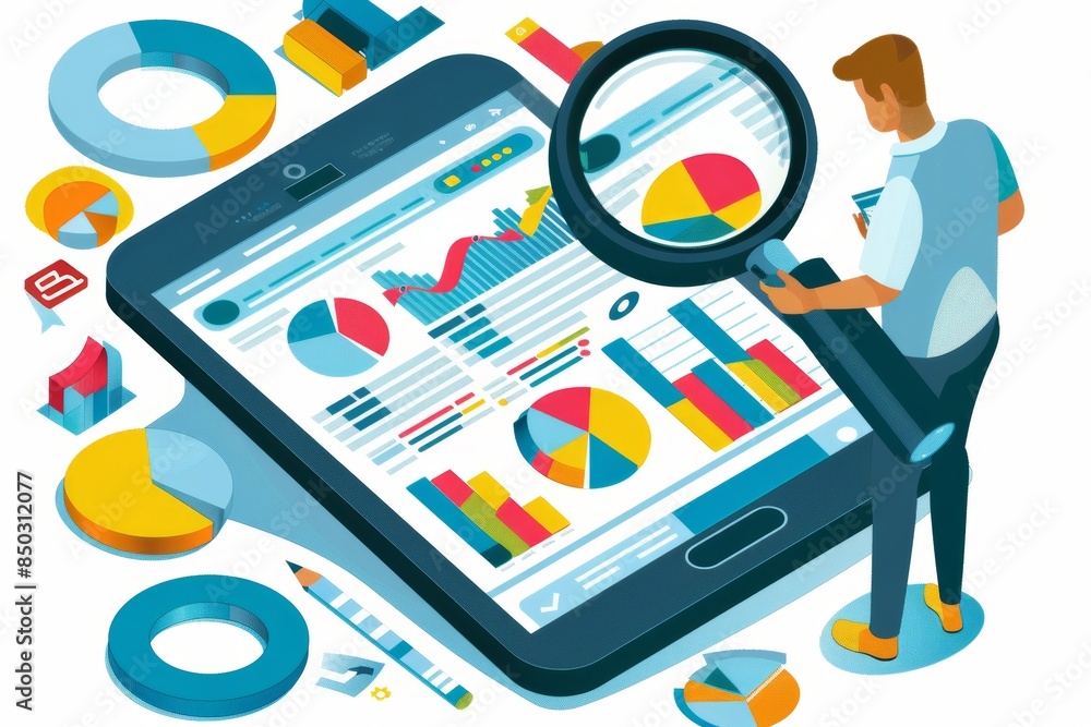 Poster business professional analyzing data charts and graphs with a magnifying glass, highlighting digital