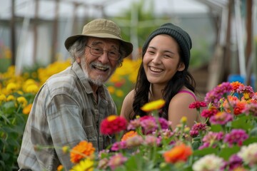 Obraz premium Old men and young women playing with flowers together
