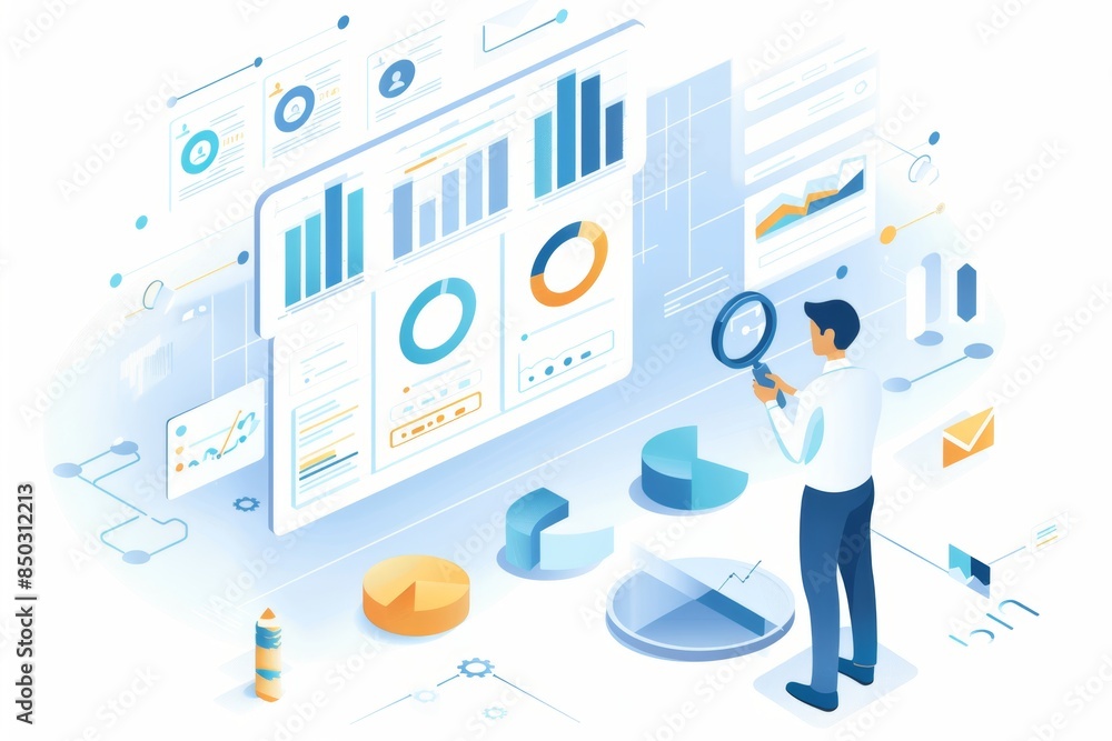 Poster Business professional analyzing data charts and graphs with a magnifying glass, highlighting digital research and market insights for corporate success, Generative AI
