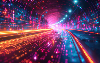 Obraz premium Futuristic digital neon background with glowing lines and geometric shapes, depicting speed and technology in a vibrant and dynamic scene