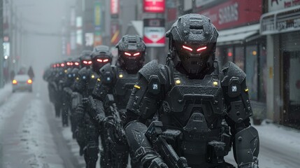 Obraz premium A group of robotic soldiers standing in a line on a street. They are wearing black armor and have red eyes.
