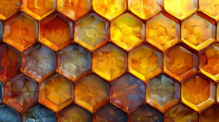 Honeycomb pattern with shades of yellows and browns, bright and vibrant colors, hd quality, digital illustration, high contrast, geometric precision, modern design, artistic composition, dynamic.
