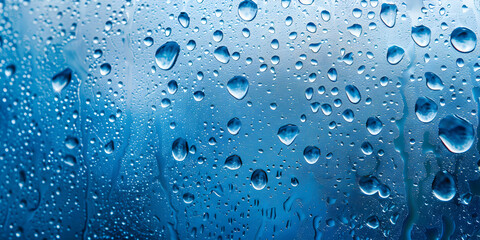 Drops of water on blue surface. Macro photo, drop, shadow. Banner
