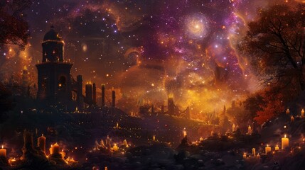 Obraz premium Shimmering stars and swirling galaxies create a celestial Day of the Dead sky background