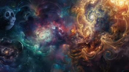 Fototapeta premium Celestial composition with swirling nebulae and sugar skulls background