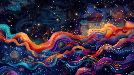 Surreal shapes and patterns in a cosmic Day of the Dead scene background