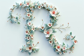 A romantic illustration featuring the letter R intertwined with delicate flowers and vines perfect for wedding invitations or other love-themed designs.