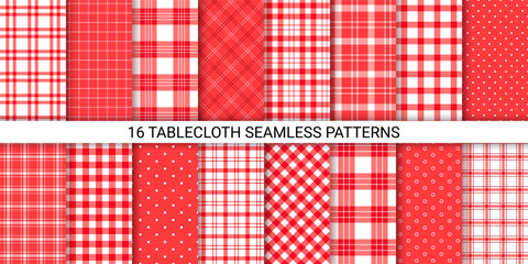 Cloth seamless pattern. Vichy background. Set red tablecloth. Checkered prints for table. Picnic kitchen textures. Gingham plaid textile. Retro tartan backdrops. Geometric design. Vector illustration