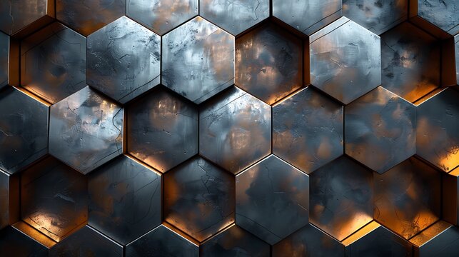 Interlocking pentagons in a chainmail pattern, metallic textures, hd quality, digital art, high contrast, geometric design, modern aesthetic, dynamic composition, artistic abstraction.