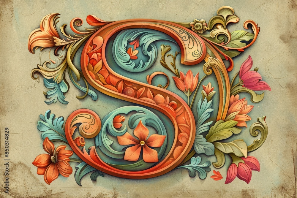 Fototapete a vintage-inspired illustration of the letter s with ornate details and a retro color palette adding