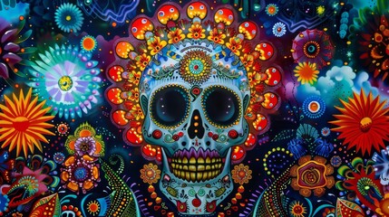 Colors and patterns of Dia de los Muertos with auroras dancing across the sky background