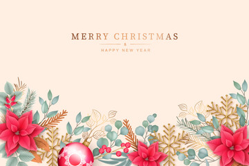 Minimalistic Christmas and New Year background. Both hand drawn and realistic three-dimensional decorative elements. Poinsettia, twigs of eucalyptus and spruce, golden snowflakes and twigs.