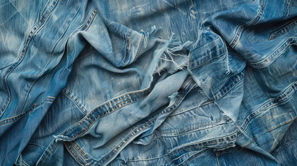 Textured Blue Denim Jeans Fabric Featuring Ripped and Distressed Details
