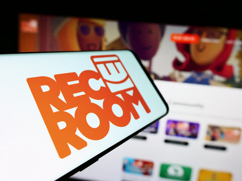 Stuttgart, Germany - 06-01-2024: Mobile phone with logo of American video games company Rec Room Inc. in front of business website. Focus on left of phone display.