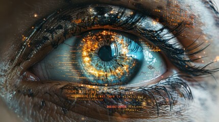 A close up of a human eye with a blue iris and a yellow center. The eye is surrounded by a lot of numbers and symbols, giving it a futuristic and digital appearance.