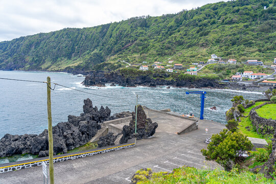 Norte Grande fishing port in Faja do Ouvidor, leisure bathing area. S&atilde;o Jorge Island-Azores-Portugal. Front facade of the Velas municipal auditorium, S&atilde;o Jorge Island-Azores-Portugal.