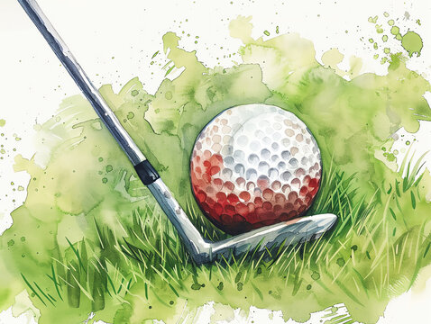 Watercolor painting of a golf club and ball on a green course
