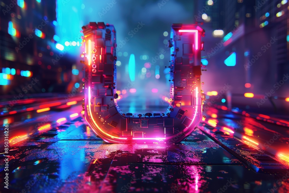 Fototapete a futuristic illustration of the letter u with a digital-inspired design and neon colors creating a 