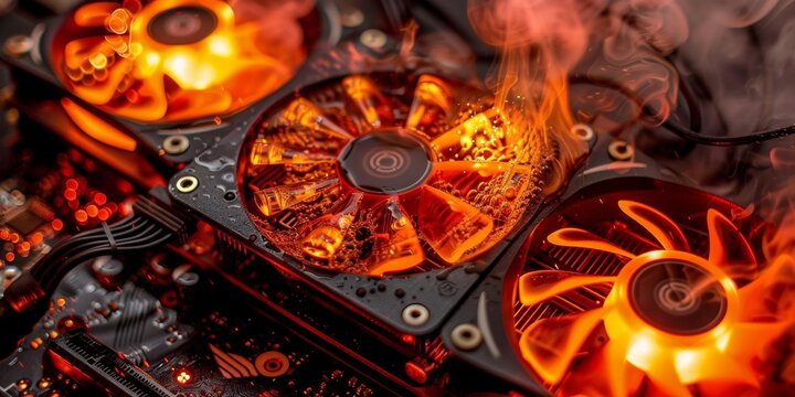 Overheated computer fan with flames and smoke, illustrating the dangers of hardware failure and the critical need for effective cooling systems, Generative AI