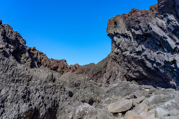 large black rock formations of volcanic origin in the area surrounding the Sim&atilde;o dias pool. S&atilde;o Jorge Island-Azores-Portugal.