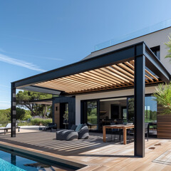 Projet de construction d'une véranda ou pergola bioclimatique pour une maison d'habiation moderne blanche