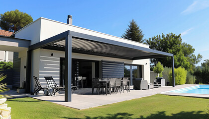 Projet de construction d'une véranda ou pergola bioclimatique pour une maison d'habiation moderne blanche