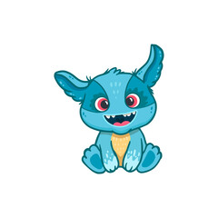 Cute cartoon blue monster wiht funny eyes on white background. Blue space creature. Colorful. Doodle. 
