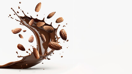 Fototapeta premium Almond nuts in chocolate splashes isolated on light background. Tasty food concept. Copy space
