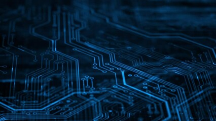 Blue futuristic printed circuit board. 3D render abstract network technology background. Digital server code processing or AI artificial intelligence deep machine learning concept - Powered by Adobe