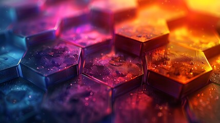 Pentagons with inner gradients, bright and vibrant colors for a volumetric effect, hd quality, digital illustration, high contrast, geometric precision, modern design, artistic composition.