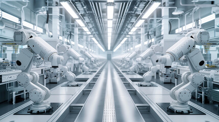 Futuristic Assembly Line with White Robots in Modern Factory