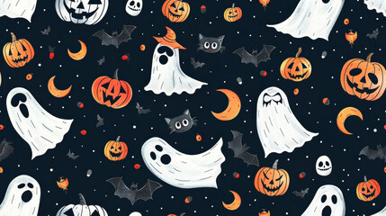 Naklejka premium White pumpkins with ghost faces are scattered on a black background. Halloween. Seamless pattern. Holiday gift wrap. Banner