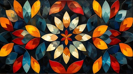 Repeating pentagons forming a floral pattern, bright and bold colors, hd quality, digital illustration, geometric precision, high contrast, modern design, artistic composition, intricate details.