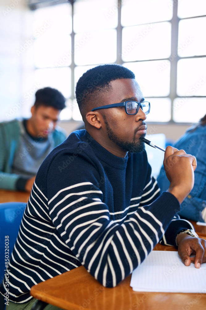 Fototapete student, idea and black man in college classroom for education, test or exam. thinking, university a