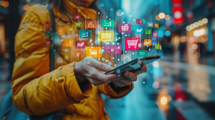 Modern Online Shopping Experience - Person Using Smartphone App with Retail Icons in Bright Illustration