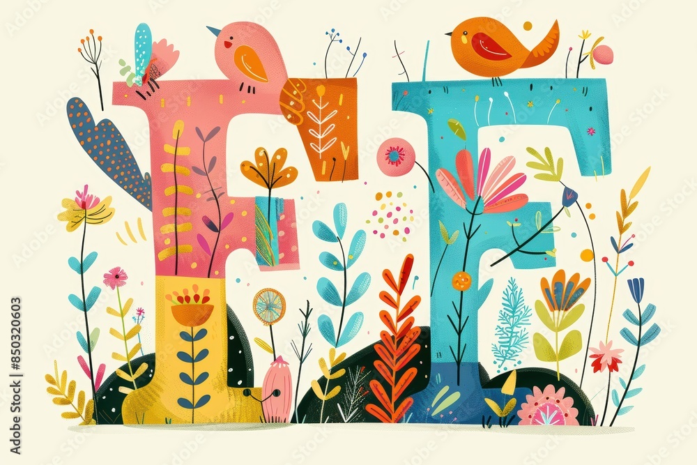 Fototapete a fun and quirky illustration of the letter f from the alphabet with playful elements and a bright c