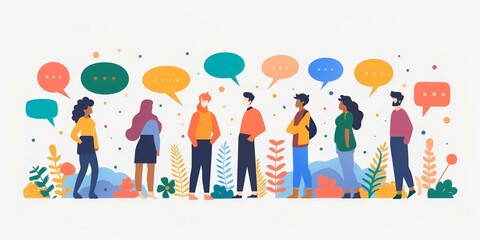 Fototapeta premium DEI Illustration of diverse people with speech bubbles engaging in conversation, symbolizing social media communication and interaction on a white background